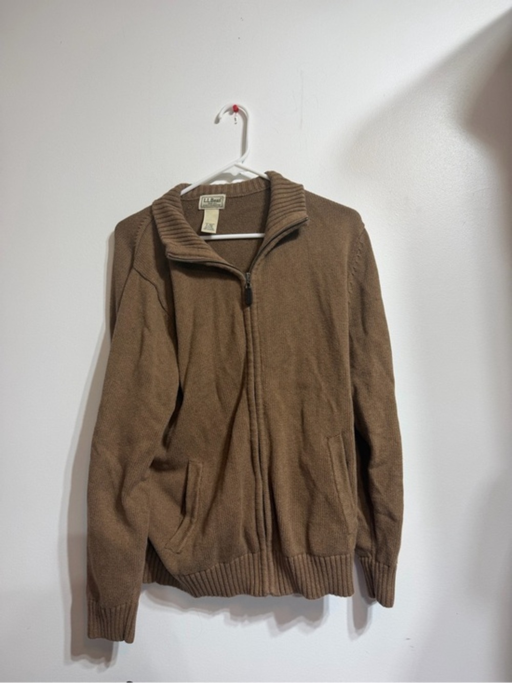 Vintage L.L. Bean Brown 100% Cotton Full Zip Mock Neck Sweater Cardigan Size Med